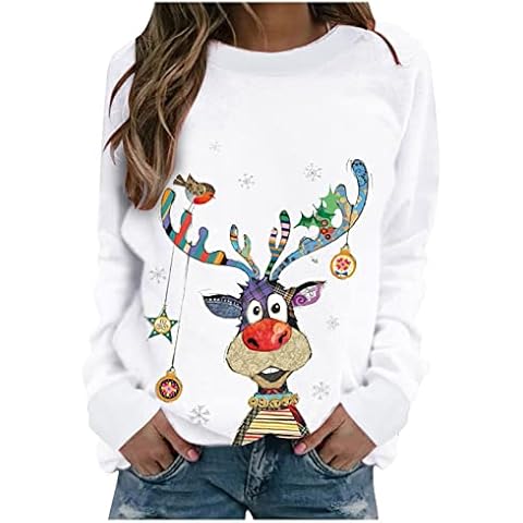 Sweatshirts for Women Christmas Fashion Casual Long Sleeve Round Neck Cute Elk Printed Ladies Loose Sweatshirt Tops White Cover