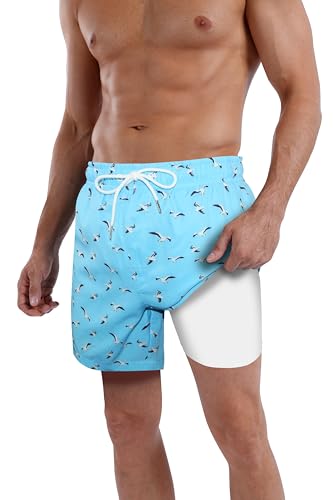 QRANSS Mens Anti-Chafing Swim Trunks with Compression Liner 5 inch Inseam Fashion Mens Bathing Suit Swimsuit Swimwear Boardshorts with Boxer Brief Liner