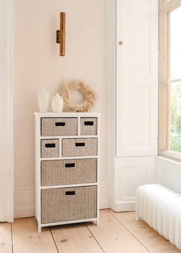 Mueble de almacenamiento blanco con 6 cestas de pasto marino para pasillo y baño, 56 x 100 x 34 pulgadas, cómoda montada