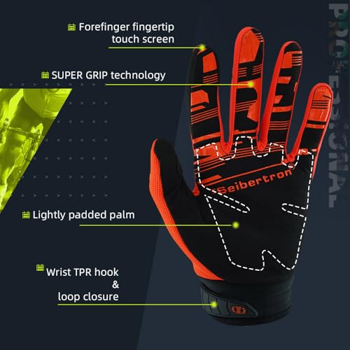 Image of Seibertron Unisex MX ATV MTB Racing Gloves - Full Finger Touchscreen Glove for Bicycle Cycling Mountain Biking Motorcycle and Motocross Fluo Orange M