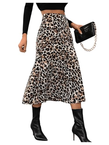 Image of GORGLITTER Women's Leopard Print A Line Flowy Midi Skirt High Waisted Casual Long Skirts Brown L