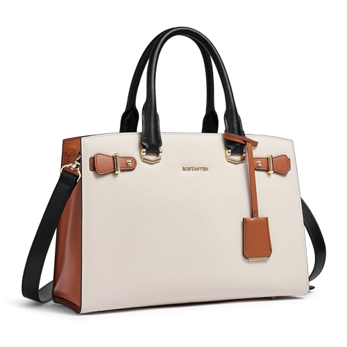 BOSTANTEN Women Leather Handbag Designer Satchel Purses Top Handle Shoulder Totes Crossbody Bag Beige with Brown