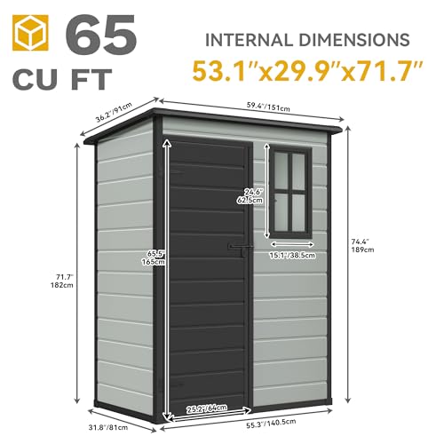 Image of DWVO 5x3 FT Outdoor Storage Shed with Floor, All-Weather Resin Storage Shed with Lockable Door & Window, Waterproof Plastic Tool Storage for Garden, Backyard, Patio, Lawn,Blue-Gray+Black