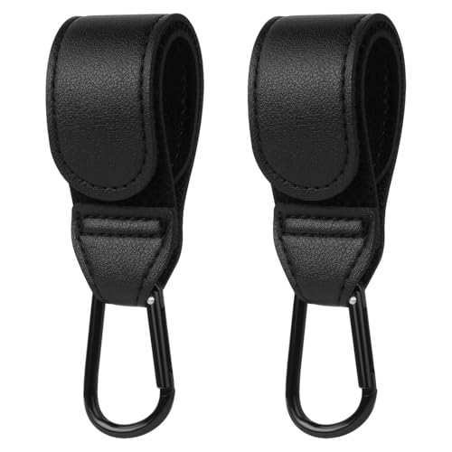 Kadem® Universal Haken 2 Stück | Halterung Kinderwagen Kinderwagenhaken Taschenhaken | vielseitig praktisch Kunstleder Klettverschluss Taschenhalter Karabinerhaken | schwarz