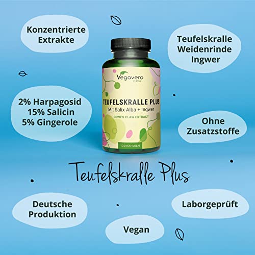 Teufelskralle Kapseln Vegavero | 550 mg | Mit Weidenrinde (Salix alba) & Ingwer | 2% Harpagoside aus Harpagophytum procumbens | Vegan & Ohne Zusätze | 120 Stück