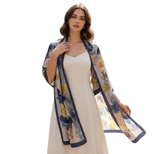 Image of Alexvyan Satin Silk Summer Scarves 180 x 84 cm, Blue Rose Theme with Stitched Border, Lightweight Fashion Scarf for Women Sun Protection Stole