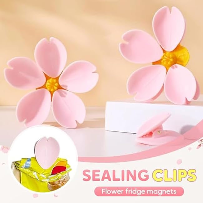 Cherry Blossom Magnetic Bag Clips, Magnetic Chip Clips for Refrigerator Pink Sakura Food Sealing Clip for Kitchen, Decorative Fridge Magnets Kitchen & Home Decor Bag Sealers (3PCS)