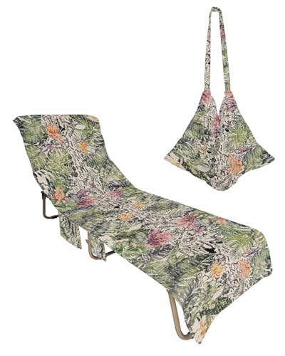 Summer Botanical Beach Lounge Chair Towel Cover, Soft Chaise Lounge Towel with Side Pockets Patio Pool Chairs Cover for Beach/Pool Sunbathing 29x85 Flowers Tropical Plants Rustic