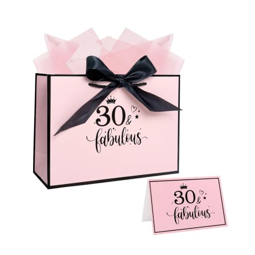 Nwvuop 30th Birthday Gift Bag for Women with Tissue Paper & Card, Pink 30th Gift Bag Birthday Gift Bag with Handles, 11 x 7.87 x 3.94 Inch