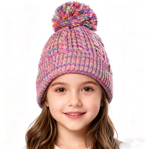 Kids Winter Hat with Pom Pom, Toddler Beanie with Warm Fleece Lined, Cute Girls Snow Cap in Multicolor (7-12 Years)