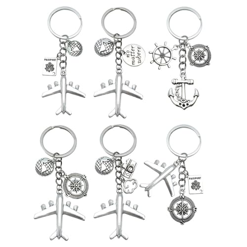 FDDU 6 Pezzi Portachiavi in Metallo a Forma di Aereo, Mini Chiavino Tema Viaggio, Nave Ancora Portachiavi in Metallo, Fotocamera, Terra, Bussola, Il Regalo Perfetto, per La Famiglia e Gli Amici