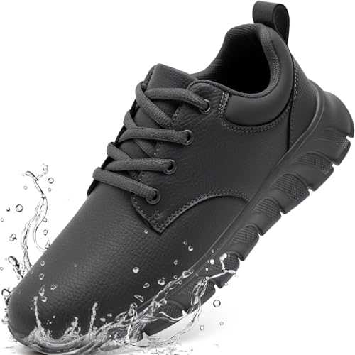 GUCTQY Mens Non Slip Work Shoes Waterproof Leather Restaurant Food Service Nursing Shoes Lightweight Fashion Casual Walking Slip Resistant Kitchen Chef Shoes Gray Size 11