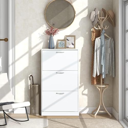 HOPUBUY Shoe Cabinet for Entryway, White Narrow Shoe Storage Cabinet Flip Down Shoe Rack Wood 3 Tier Shoe Organizer for Home and Apartment