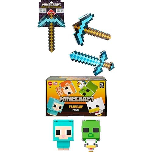 Bundle of Mattel Minecraft Toys, Sword and Pickaxe, Minecraft Game Transforming Kid Size Role-Play Accessory + Mattel Minecraft Flippinâ€™ Figs Sheep & Chicken Figures 2-Pack with 2-in-1 Fidget Play