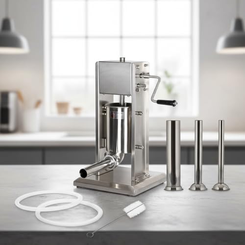 Mucola Wurstfüllmaschine 5L Edelstahl – Vertikaler Wurstfüller mit 4 Füllrohren (16/22/32/38 mm), manuelle Handkurbel, 2-Gang-Getriebe, inkl. Bürste & Dichtungsringe – Profi Wurstpresse