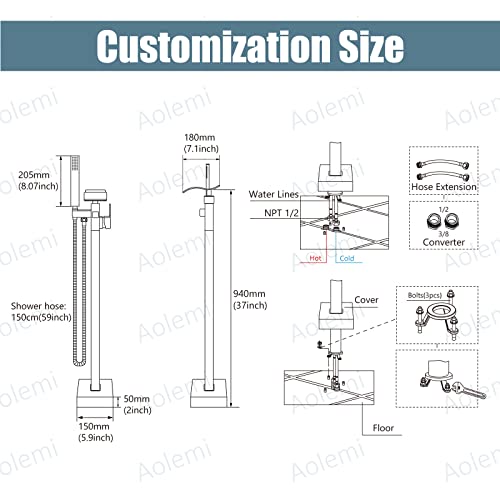 Aolemi Floor Mount Tub Filler Brushed Nickel Freestanding Bathtub Faucet Single Handle Brass Tap With Handheld Shower And Waterfall Swivel Mixer Spout #TOP5