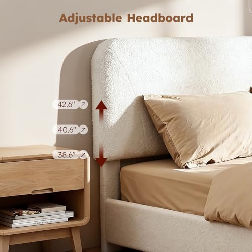 Image of Queen Cloud Bed Frame, Wood Boucle Upholstered Platform Bed, Cream White