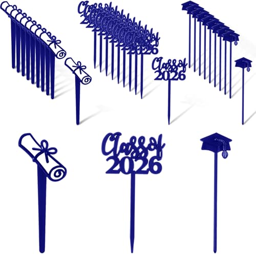 Boao 90 Pieces Class of 2026 Theme Graduation Cake Topper Plastic Cupcake Picks Graduation Cupcake Decorations for Party Supplies and Favors, 3 Styles(Blue) by Boao - Used condition - US$5.82