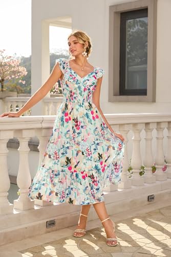 GRACE KARIN Women's Summer Floral Maxi Dress 2026 Ruffle Sleeve Smocked Sundress Flowy Wedding Guest Long Dresses Multicolor 2XL — view 3