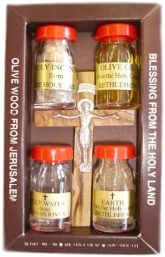 Holy Land Package Olive Wood Cross, Olive Oil, Soil, Water, Incens