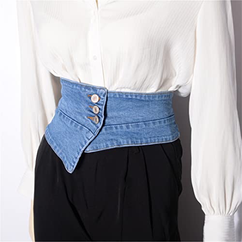 Women Elastic Slim Corset Belt Denim Waistband Irregular Wide Jean Belt With Buttons Blue, One Size #TOP1