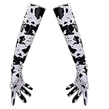 LAQWARM Unisex Fashion Long Leather Gloves Faux Leather Black White Cow Prints for Costume Party (60cm)