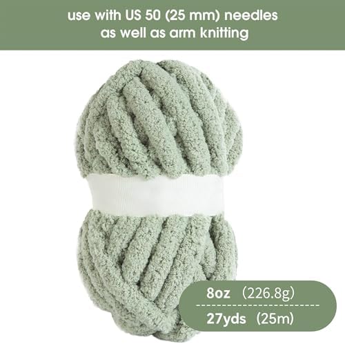 HOMBYS Sage Green Chunky Chenille Yarn for Crocheting, Bulky Thick Fluffy Yarn for Knitting,Super Bulky Chunky Yarn for Hand Knitting Blanket, Soft Plush, 8 Jumbo Pack (27 yds,8 oz Each Skein)