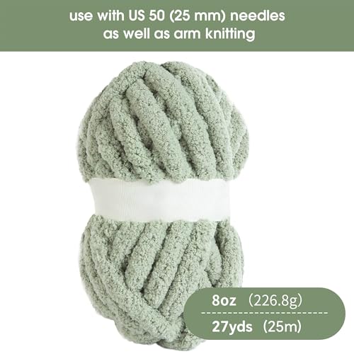 Hombys Sage Green Chunky Chenille Yarn for Crocheting and Knitting, Super Bulky Thick Fluffy Yarn for Hand Knitting Blanket, Soft Plush Yarn, 2 Jumbo Pack (27 yds, 8 oz Each Skein) by HOMBYS - Image 2