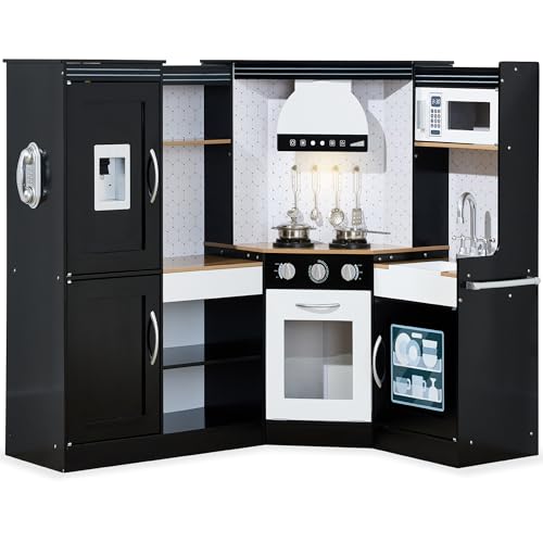 Best Choice Products Pretend Play Corner Kitchen, Ultimate Interactive Wooden Kids Playset w/Lights & Sounds, Ice Maker, Hood - Black