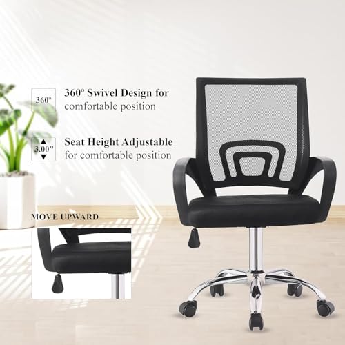 Image of NORMAN JR, Ergonomic Desk Chair Mesh Computer Chair with Lumbar Support Armrest Executive Rolling Swivel Adjustable Mid Back Chair - Black Milange & Black Handle
