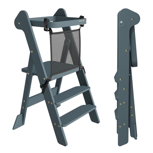 COSYLAND Torre de Aprendizaje Plegable Desde 1 Año – Premio iF Design, Torre Montessori con Red de Seguridad y Altura Ajustable, Ideal para Cocina y Baño, Foldi (Azul Pizarra)