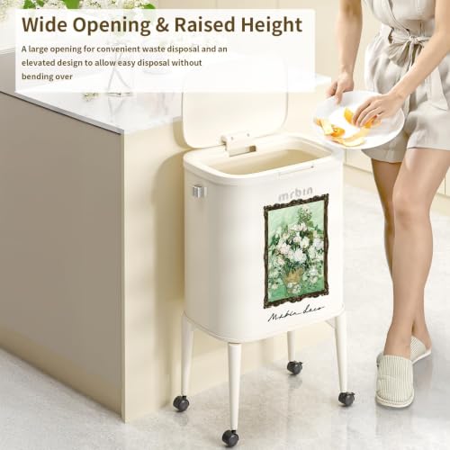 Image of MRBIN Metal Kitchen Trash Can with Wheel Legs, 36L / 9.5gal Medium Press Lid Slim Removable Waste Basket, Pet Proof Tall Narrow Garbage Pail for Vanity, Bedroom, Bathroom, Living Room, White Rose