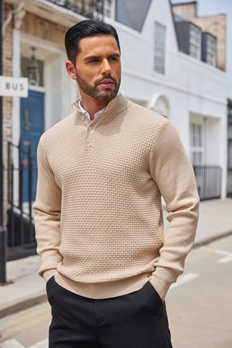 COOFANDY Men's Quarter Button Sweater Lightweight Mock Neck Pullover Sweater Fashion Casual Knitted Waffle Henley Sweater4