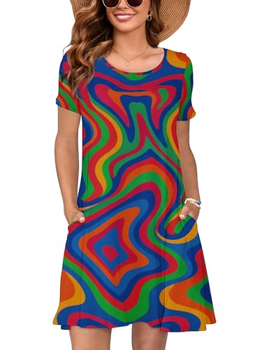 Image of Heymoments Women's Short Sleeve Crewneck Sundress Summer Casual A-Line Beach Dress with Pockets S-2XL