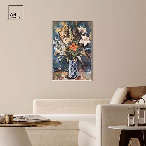 Image of Art Remedy Blue Floral Vase Canvas Floral Vase Wall Art, White Frame, 30 inch x 45 inch