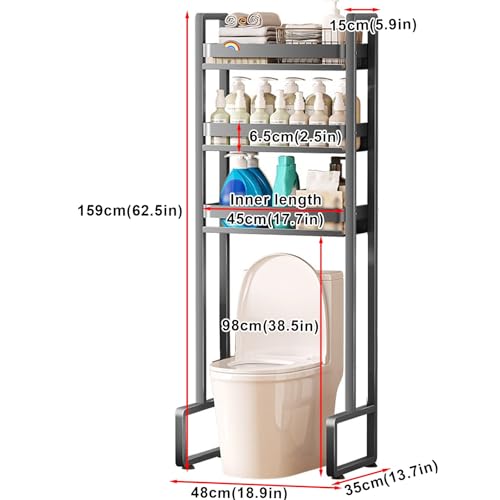 Estante ajustable de tres niveles de acero al carbono sobre el inodoro, organizador de almacenamiento de baño gris con diseño de carga estable para soluciones de ahorro de espacio sobre los inodoros
