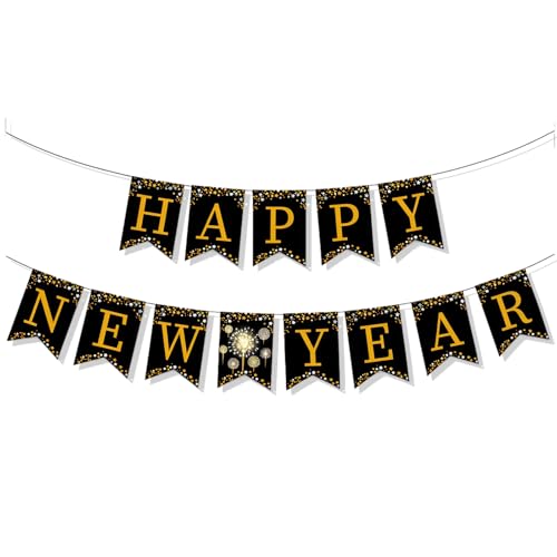 Happy New Year Banner New Years Eve Decorations 2026 Black Gold Bunting Garland for Party Decorations Photo Booth Props Outdoor Indoor