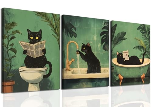 Funny Bathroom Black Cat Wall Art Set of 3, Whimsical