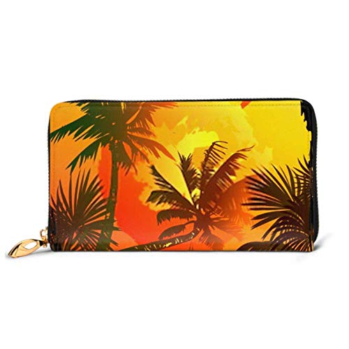Preisvergleich Produktbild JHGFG Mode Handtasche Reißverschluss Brieftasche Tropischer Sonnenuntergang über Meer Palmen Telefon Kupplung Geldbörse Abendkupplung Blockieren Leder Brieftasche Multi Card Organizer