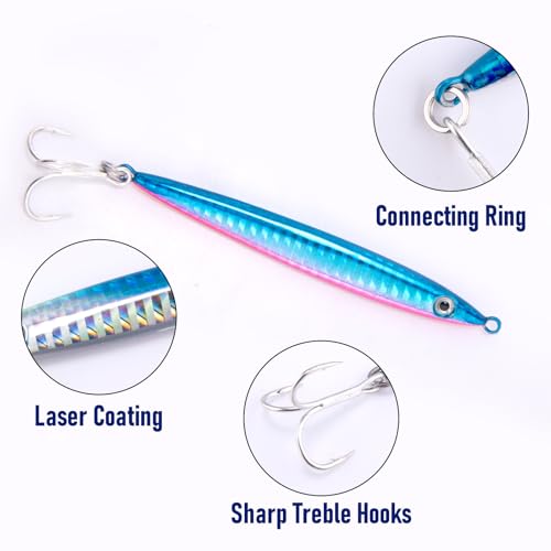Alwonder 3pcs/20g Sea Fishing Spinner Lure Colorful Laser Jigging Spoons with Treble Hooks, Sea Fishing Lure Long Casting Jig for Mackerel Cod Bass Pike Color: Red Blue - Image 3