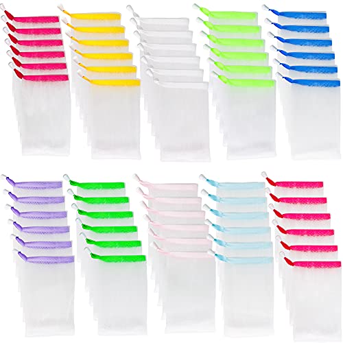 Trounistro 60 Pack Exfoliating Mesh Soap Bag Double Layer Thicken Soap Bag Mesh Soaps Saver Bags with Drawstring for Bath & Shower Use, 10 Colors