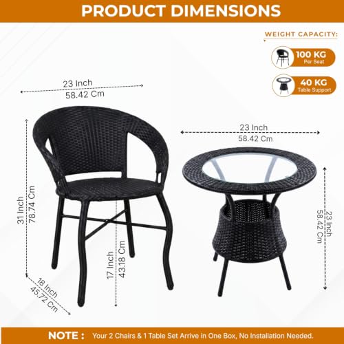 Image of DEVOKO Outdoor 3-Piece Water-Resistant Wicker Patio Chair Table Set with Glass Top Table & Durable Metal Frame for Balcony, Garden (Black)