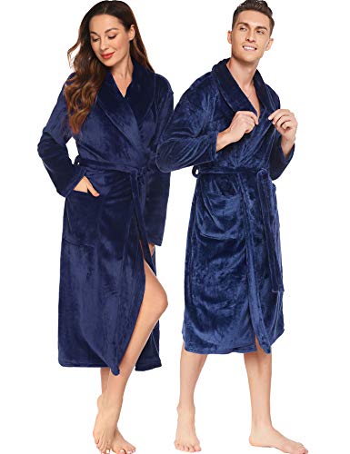 Ekouaer Women Long Robe Soft Bathrobe Warm Bathrobe Full Length Robe Fleece House Coat Winter Lounge Robe Kimono Spa Robe(Navy Blue,Small)