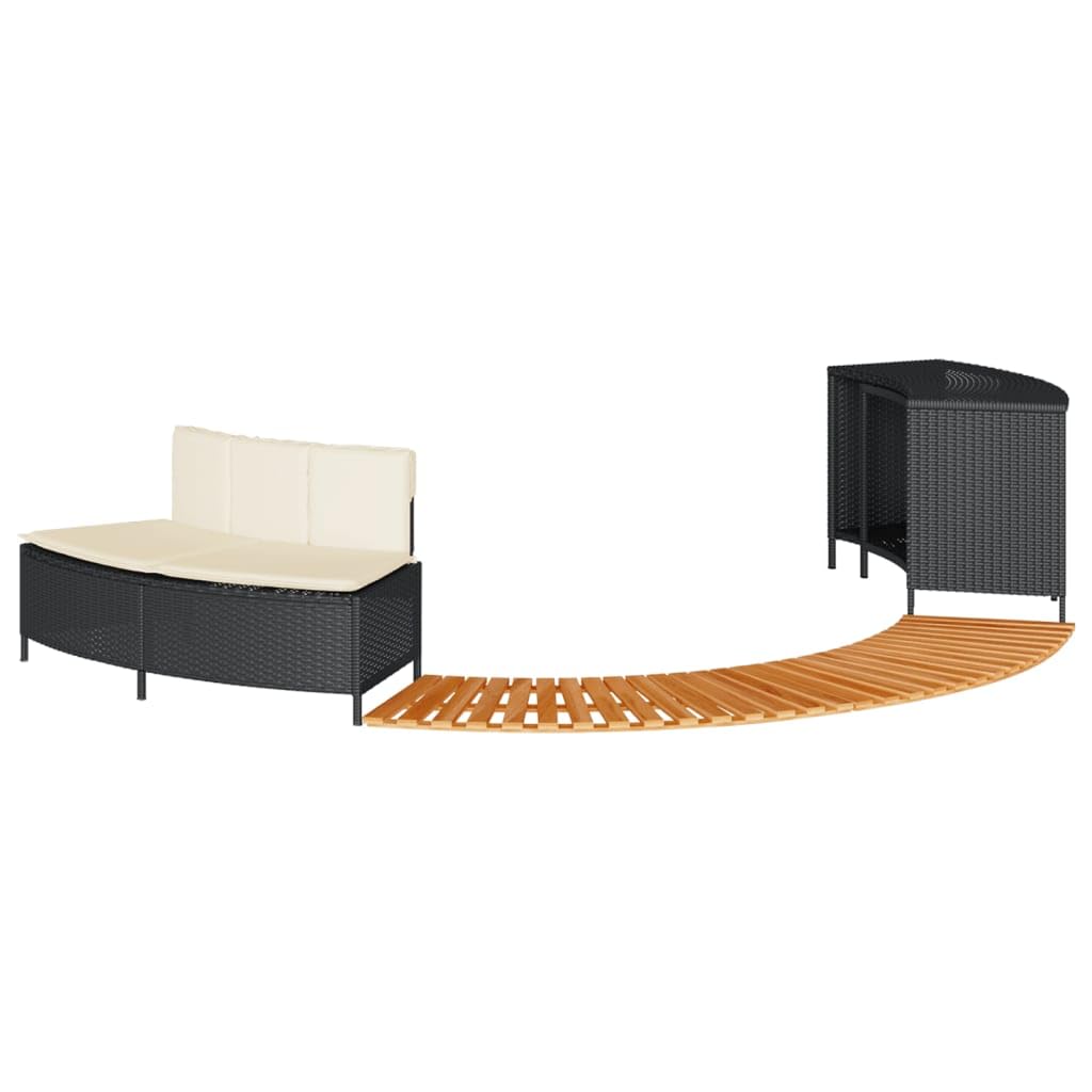 Whirlpool-Umrandung Schwarz Poly-Rattan und Massivholz Akazie Schwimmbecken Poolumrandung