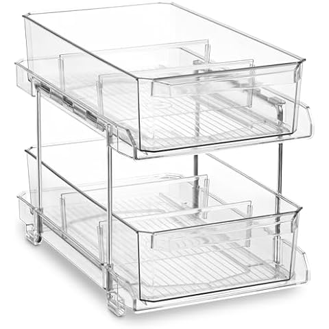 Masirs 2-Tier Clear Pull-Out Drawer Organizer - Sleek, Compact & Sturdy Makeup and Closet Organizer - Easy Assembly Kitchen Storage Solution, Ideal for Makeup, Tools, Medication & Snacks Cover