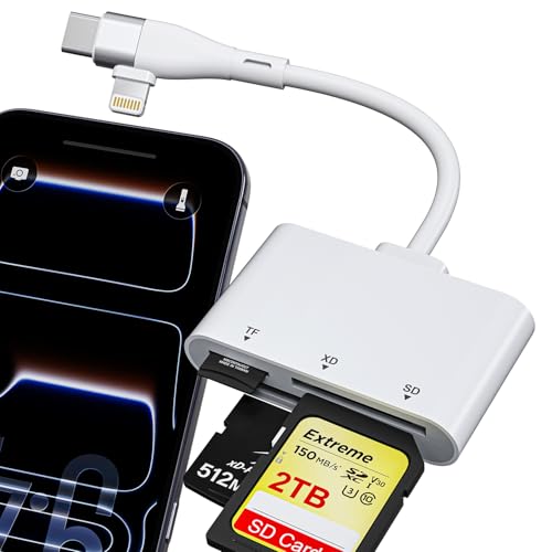 Lecteur de carte XD pour cartes SD/TF/XD, Lightning/USB-C Lecteur de carte SD pour iPhone 17/16/15/14/iPad/MacBook/Android/PC, Lecteur de carte Olympus xD...