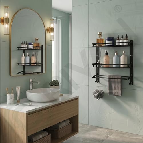 Image of GRIVAN Stainless Steel 3-Tier Bathroom Shelf Rack Stand with Dual Towel Rod | Multipurpose Bathroom Accessories Set (Black Matte)