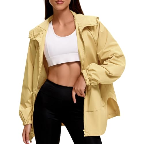 American Trends Rain Jacket Women with Hood Lightweight Rain Coats for Women Trench Waterproof Windbreaker With Back Pockets Khaki S