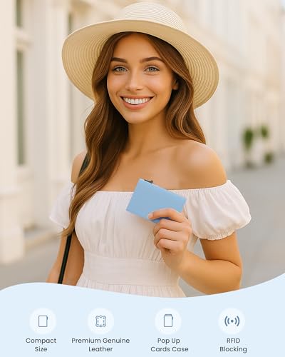 Image of typecase Womens Wallet Card Holder: Pop Up Card Case, Genuine Leather, RFID Blocking, Slim, Minimalist, Thin, Small Size - 9-14 Card Capacity, ID Window, Cash Pocket (Blue)