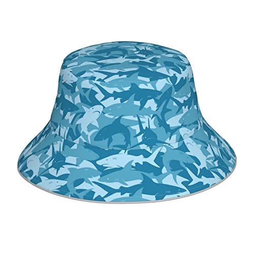 Cuamzst Blue Shark Bucket Hat For Women Men Teens Reversible Summer Beach Sun Hat Packable Fisherman Cap For Travel Outdoor Hiking, One Size #TOP14